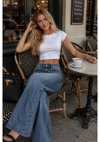 Cedy Denim Cedy Denım Premium Kadın Palazzo Jean Geniş Paça Salaş Mavi Kot Pantolon E7020