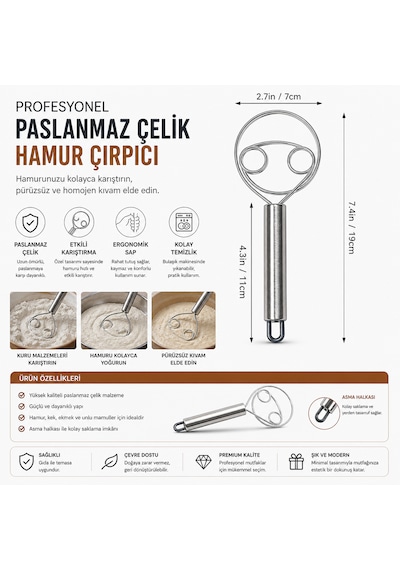 Hamur Çırpıcı Paslanmaz Çelik Profesyonel Hamur Karıştırıcı 19 Cm Gümüş