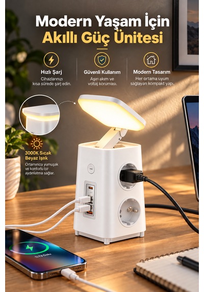 Akım Korumalı Masaüstü Priz 4 Priz, 2 Usb-c + Usb-a, Pd 20w & Qc 18w Hızlı Şarj, 3680w, Led Aydınlatmalı 1.9 M