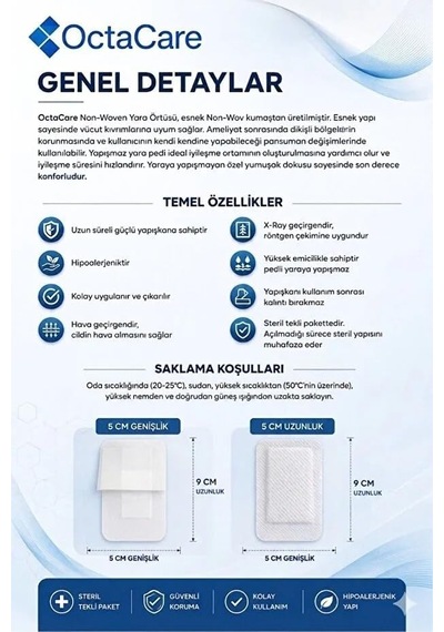 Octacare Hipoalerjenik Esnek Steril Nonwoven Yara Örtüsü 5cm X 9cm 10 Adet