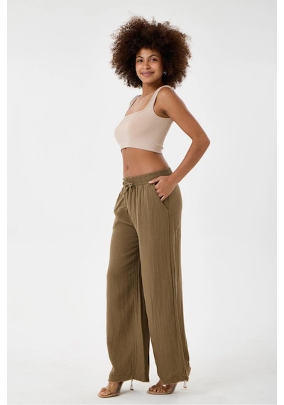 Dıanna Kadın Beli Lastikli Wide Leg Müslin Pantolon %100 Pamuk Geniş Bol Paça Rahat Ofis & Günlük Stil Toprak Kahvesi