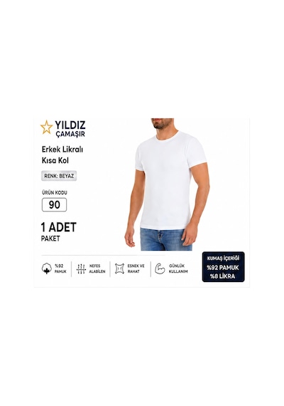 Yıldız Çamaşır Erkek Likralı Kısa Kol Bady Fanila Atlet 90-91-92 - 1 Adet Beyaz