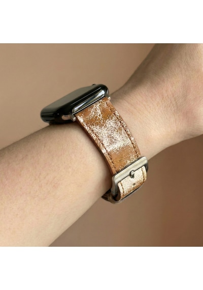 Goldoni Apple Watch Uyumlu Antik Bej İnce Gerçek Deri Kordonu Metal Köprülü