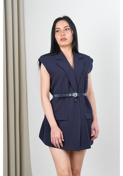 Rawea Kemerli Şal Yaka Blazer Yelek - Oversize & Pamuklu Lacivert