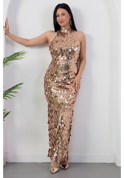 Kalopya Halter Yaka Büyük Pullu Elbise Abiye Ecr6094 Gold