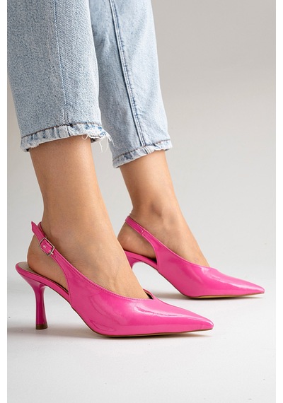 Esatsani Şeker Pembe Rugan Arka Açık 9 Cm İnce Topuklu Özel Günler Davet Stiletto Kadın Ayakkabı Pembe Rugan