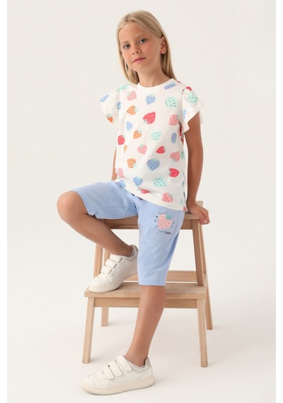 Rolypoly Strawberry Krem Kız Çocuk Kapri Takım 5274-42950 Krem - Mavi