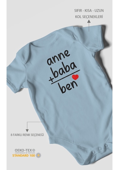 Anne Baba Ve Ben Baskılı Bebek Zıbını Çıtçıtlı Body %100 Pamuk Kısa Kol Bebe Mavisi