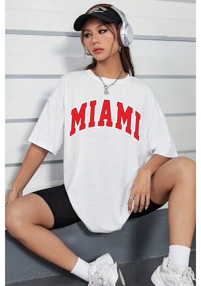 Unisex Miami Baskılı Tasarım Tshirt Beyaz