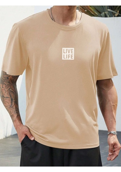 Flood Of Style Unisex Siyah Oversize Bisiklet Yaka %100 Pamuk Live Life Baskılı Bej