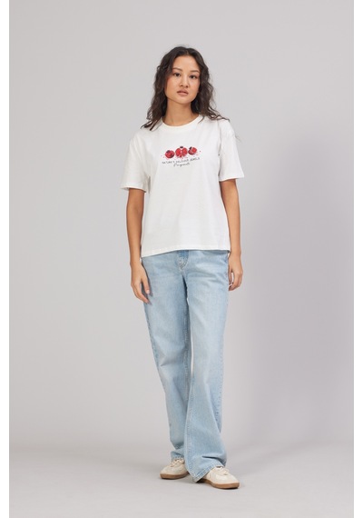 Nisan Nar Baskılı Pamuklu Bisiklet Yaka T-shirt Ekru