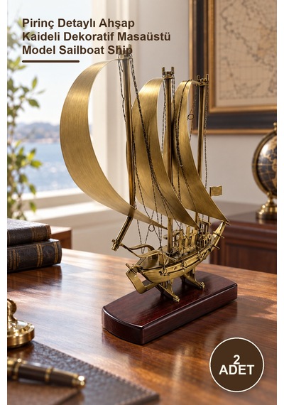 2 Adet Yelkenli Gemi Maketi Pirinç Detaylı Ahşap Kaideli Dekoratif Masaüstü Model Sailboat Ship
