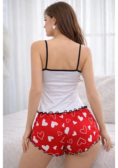 Cosmos E-ticaret Renkli Kalp Desenli Askılı Şortlu Kadın Pijama Takımı Çok Renkli