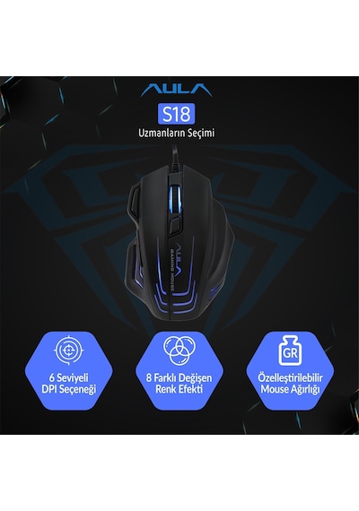 Aula S18 6400dpı Rgb 7 Programlanabilir Tuş 1000hz Gaming Oyuncu Mouse Diğer