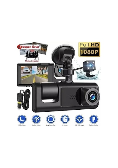 Lcd Ekranlı 1080p 3 Kameralı Araç İçi Kamera Geri Görüş Destekli Gece Görüşlü G Sensörlü