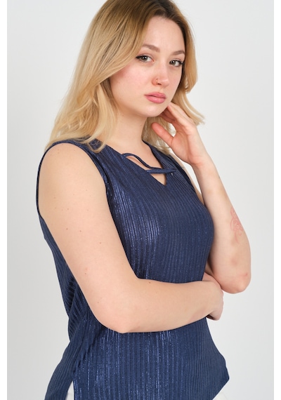 Ella Camelia Kadın Yaka Detaylı Parlak Kumaş Kolsuz Bluz 23e045 Lacivert Lacivert