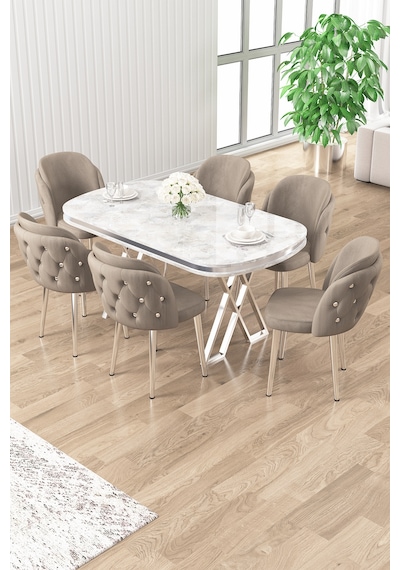 Canisa Zae Serisi 90x168 Lak Panel Beyaz Mermer Desen Krom Ayak Masa Takımı 6 Cappucino Sandalye Masa Beyaz Mermer Desen Sandalye Cappucino Canisa Zae Serisi 90x168 Lak Panel Beyaz Mermer Desen Krom Ayak Masa Takımı 6 Cappucino Sandalye Masa Beyaz Mermer Desen Sandalye Cappucino