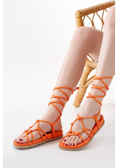 1001-1001 Orange Bilekten Bağcıklı Kadın Sandalet Orange