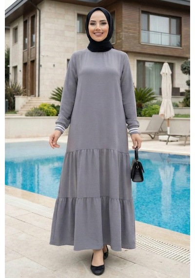 Hb Harma Time Butik Kadın Ayrobin Kolu Ribanalı Uzun Gri Tesettür Elbise Gri Gri