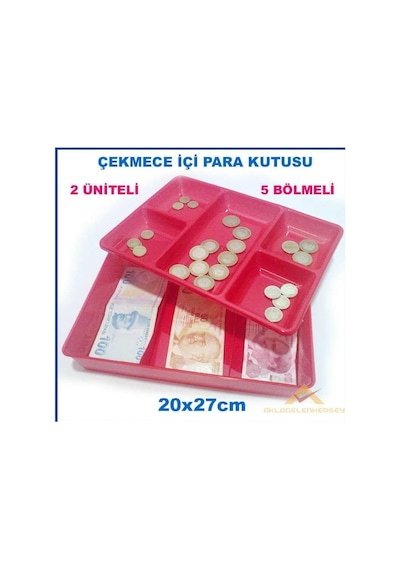 Kasa İçi Kullanışlı Para Kutusu 20x27cm Çift Üniteli 5 Bölme Çekmece İçi Bozuk Ve Kağıt Para Kutusu
