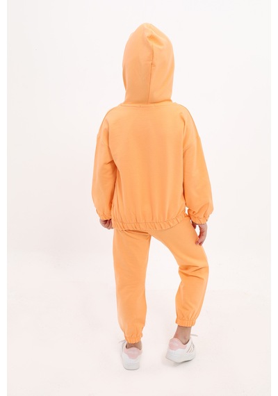 Toontoy Kids Toontoy Kız Çocuk 2'li Takım Kapüşonlu Fermuarlı Sweatshirt & Beli Paçası Lastikli Jogger Eşofman Altı - 2 İplik Turuncu