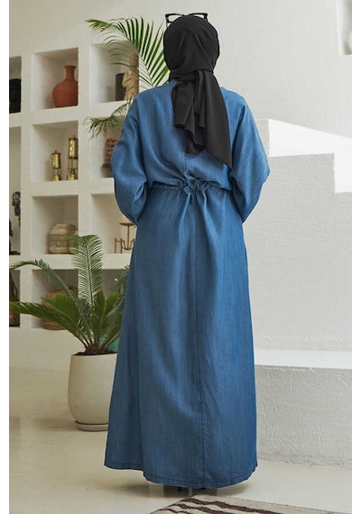 Neways 6596-Düğmeli Süs Kuşaklı Abaya Koyu Mavi