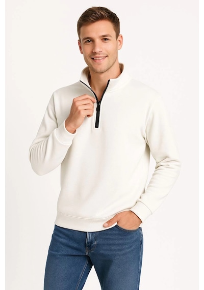 Novalisse Erkek Dik Yaka Yarım Fermuarlı 3 İplik Pamuklu Sweatshirt - Beyaz Çoklu Renk