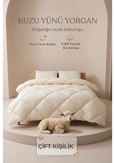 %100 Doğal Kuzu Yünü Yorgan Çift Kişilik Pamuk Kılıflı Kokusuz Terletmez Yıkanabilir 200x220 Cm Krem