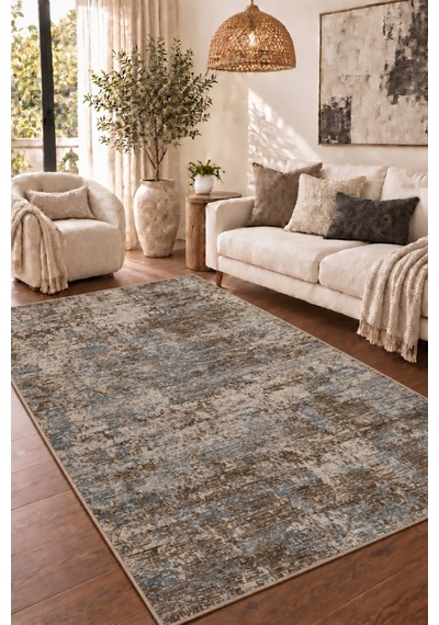 Vivanni Home Everlynn Polyester Vintage Halı Pamuk Atkı Tabanlı Modern Dokuma Ev Halısı Kahverengi Mavi