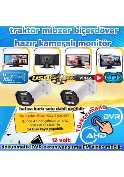 2 Adet Ahd 2mp Warm Ledli Kamera Dvr Dokunmatik 10.36 İnç Monitör 12 Volt 256 Gb