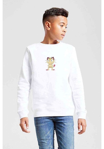 Tshirthane Pokemon Miyav Bıyık Miyav Go Ash Baskılı Unisex Çocuk Beyaz Swea Beyaz