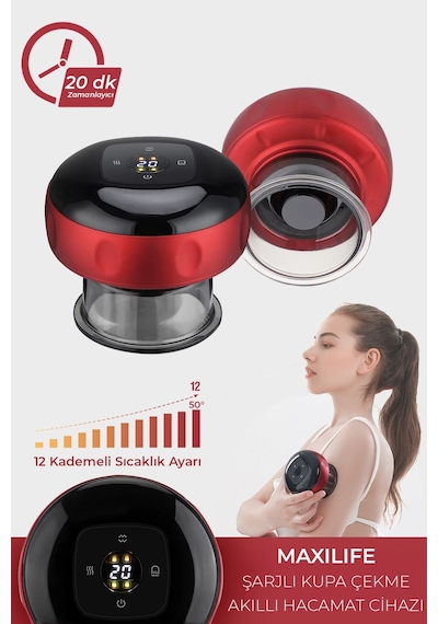 Smart Cupper Şarjlı Kupa Çekme Işık Hacamat Masaj Vakum Cihazı Kırmızı