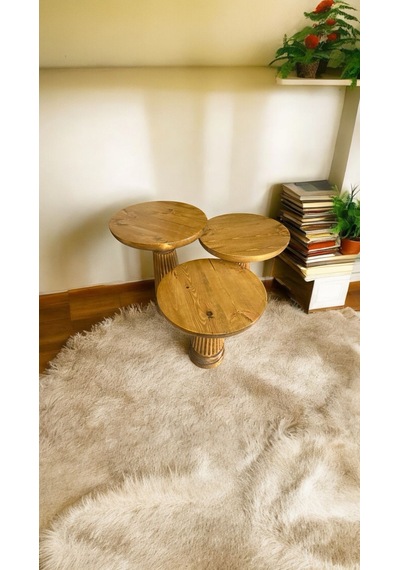 Wood Ahşap 3 Lü Set Mantar Yan Sehpa Model / Meşe Renk