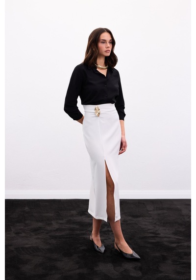 Sateen Gold Yan Aksesuarlı Etek - Ekru-136886 Ekru