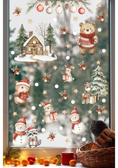 Çift Taraflı Baskılı Yılbaşı Evi Ve Sevimli Hayvanlar Yeni Yıl Çocuk Bebek Odası Sticker Seti, Çift Yönlü Yılbaşı Dijital Baskı