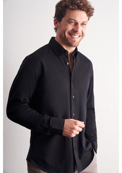İmza Siyah Düğmeli Yaka Kendinden Desenli Örme Uzun Kol Performans Ürün Slim Fit %100 Pamuk Gömlek 1004255272 Siyah