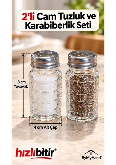 Bymyhand Çelik Kapaklı Cam Ev Lokanta Ve Restoran İçin Tuzluk Ve Karabiberlik 2'li Set No1 Metalik Gri