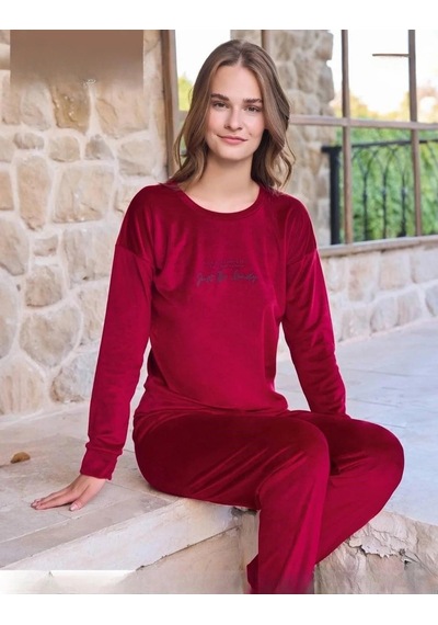 Pijamoni Kadın Kışlık Bisiklet Yaka Likralı Soft Kadife Pijama Takımı 4200/11 - 1 Adet 001