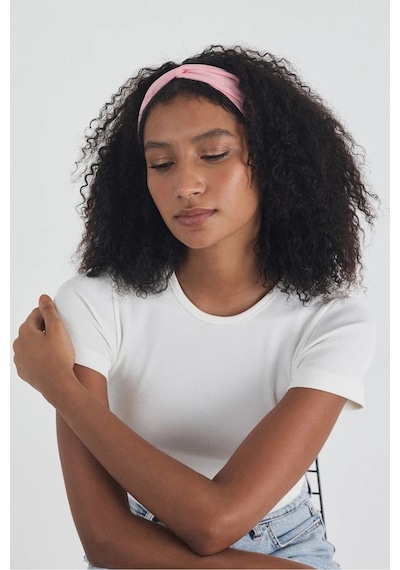 Butikgiz Beyaz Kısa Kol Bisiklet Yaka Vücuda Oturan Kaşkorse Crop + Bandana Set %100 Pamumklu, Esnek Rahat Beyaz-pembe