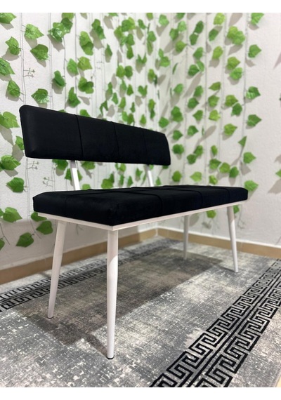 Özcan Metal Beyaz Metal Ayaklı Sırtlı Siyah Mutfak Salon Antre Yatak Odası Puf Bank Oturak Bench Siyah