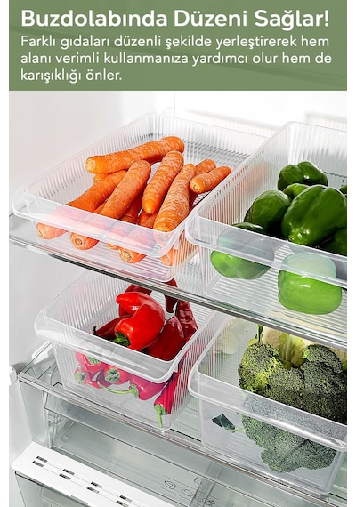 6'lı Buzdolabı Düzenleyici Set - Dolap İçi Organizer Sepet Meyve Sebze Saklama Kabı 2x 4-6-8 Lt Şeffaf