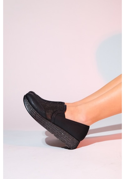 Luvishoes Purcan Siyah Simli Fileli Kalın Tabanlı Kadın Günlük Ayakkabı Siyah
