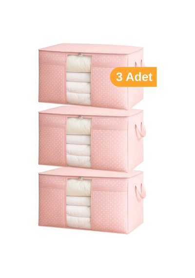 Serstil 3 Adet - Pencereli Yastık Yorgan Hurcu 75 X 40 X 40cm - Pembe Benekli