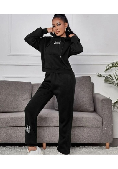 Siyah Kelebek Baskılı Oversize Kapüşonlu Alt Üst Eşofman Takımı Lastik Paça Siyah