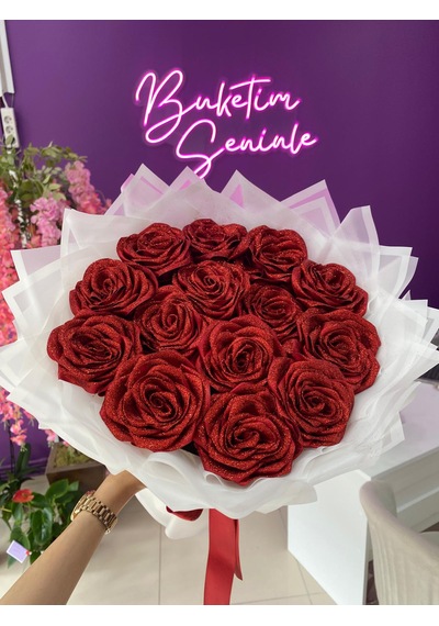 14'lü Kırmızı Simli Solmayan Saten Gül Buketi, Sevgiliye Hediye