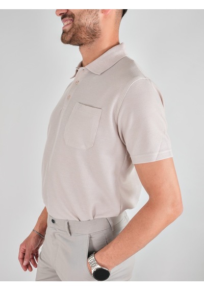 Erkek Yakalı Cepli Waffle Taş Bej Tshirt