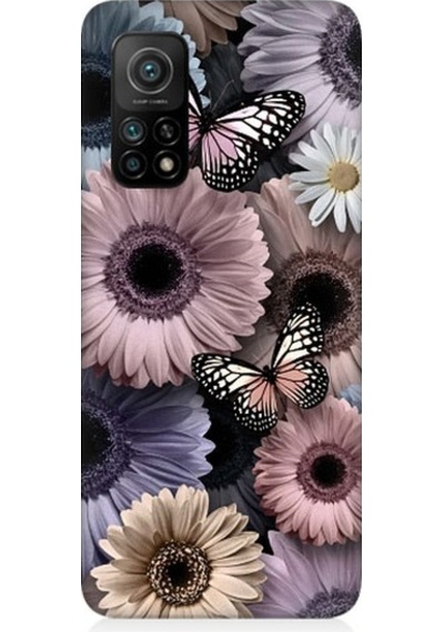 Xiaomi Mi 10t Pro Uyumlu Pastel Renkli Çiçekler Ve Kelebekler Desenli Silikon Kılıf