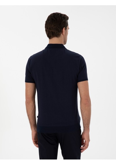 Lacivert Regular Fit Fermuarlı Polo Yaka Desenli T-shirt