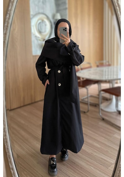 Ka Hijab Şal Detay Maxi Boy Trençkot - Siyah