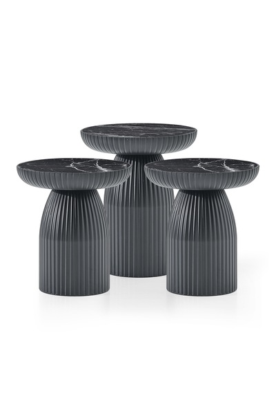 Diamond, Bohem Sehpa, 3'lü Set, Yan Sehpa, Zigon Sehpa - Siyah & Siyah Mermer Renk Tabla Siyah Gövde & Siyah Mermer Desenli Tabla